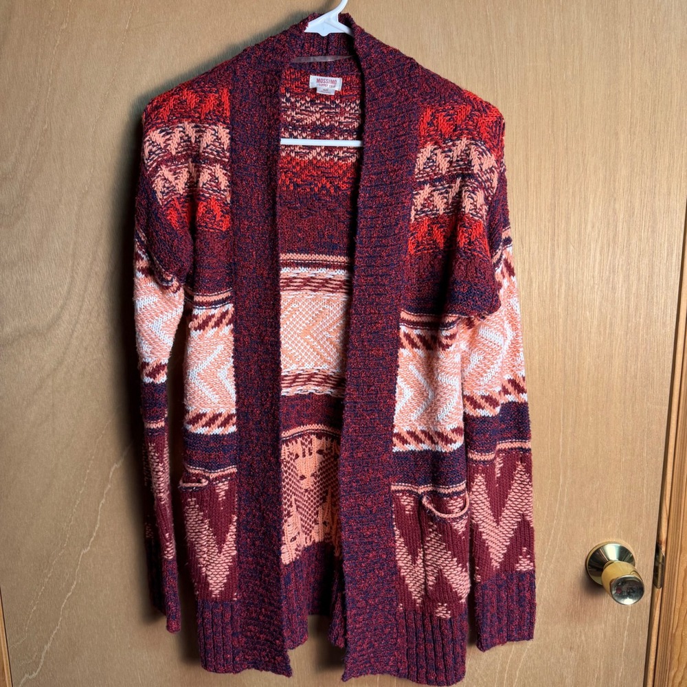 Mossimo Supply Co Womens Small Southwestern Open Front‎ Cardigan Burgundy Aztec